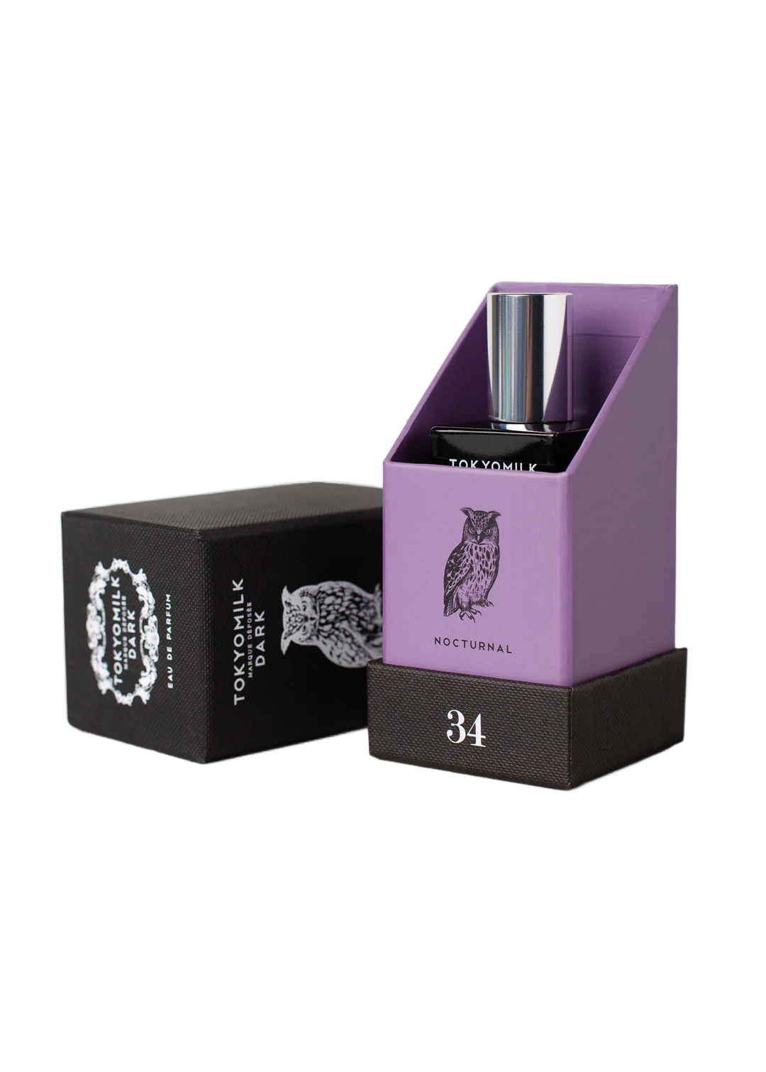 A purple perfume box labeled "Margot Elena TokyoMilk Dark Nocturnal No. 34 Eau de Parfum" from "TokyoMilk 34" with a metallic cap peeking out, placed