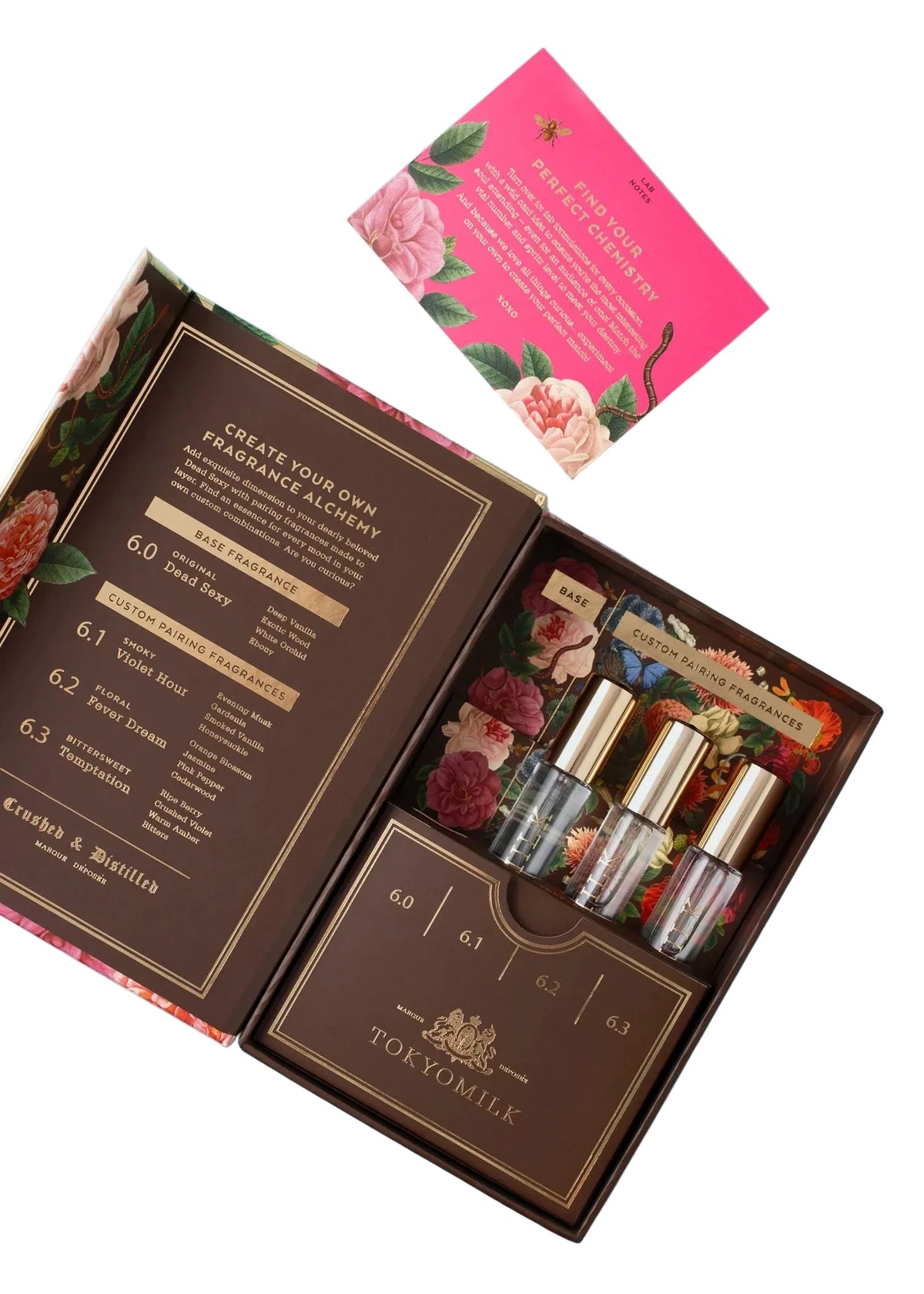 An open TokyoMilk Dead Sexy Alchemy Kit by Margot Elena displays four gold-capped perfume sample vials, a pamphlet, and a pink floral card—all elegantly arranged for fragrance layering in a floral-themed box.