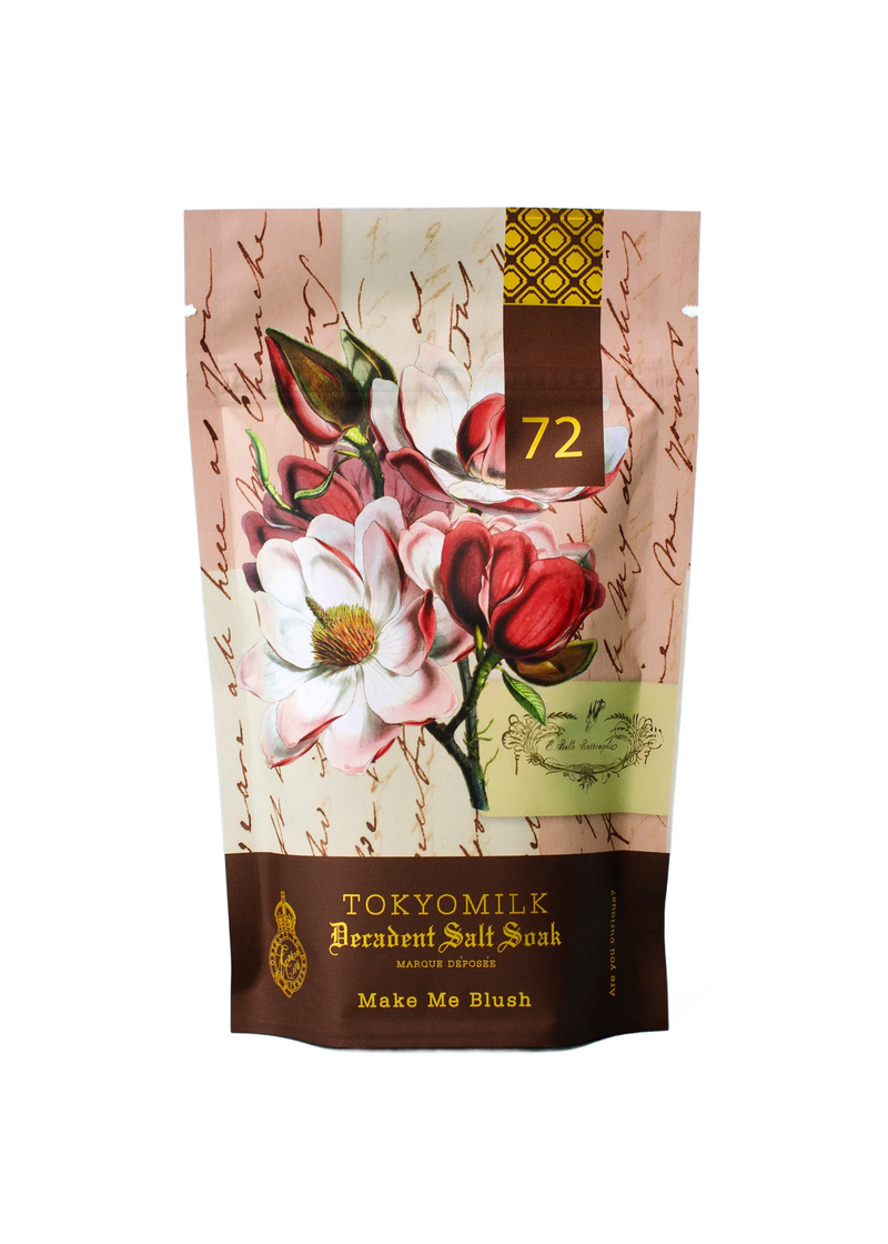 A luxurious package of Margot Elena TokyoMilk Make Me Blush Salt Soak labeled with a floral print featuring red and white flowers, script handwriting, and a number 72.