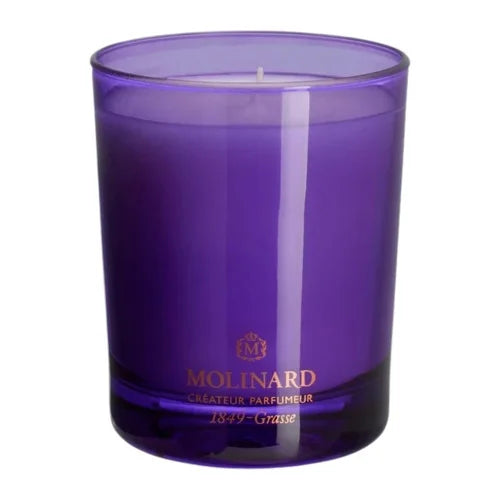 The Molinard Candle - Vanilla by Molinard is a purple glass candle with a white wick and gold text and logo on the front—an elegant luxury home fragrance for any space.