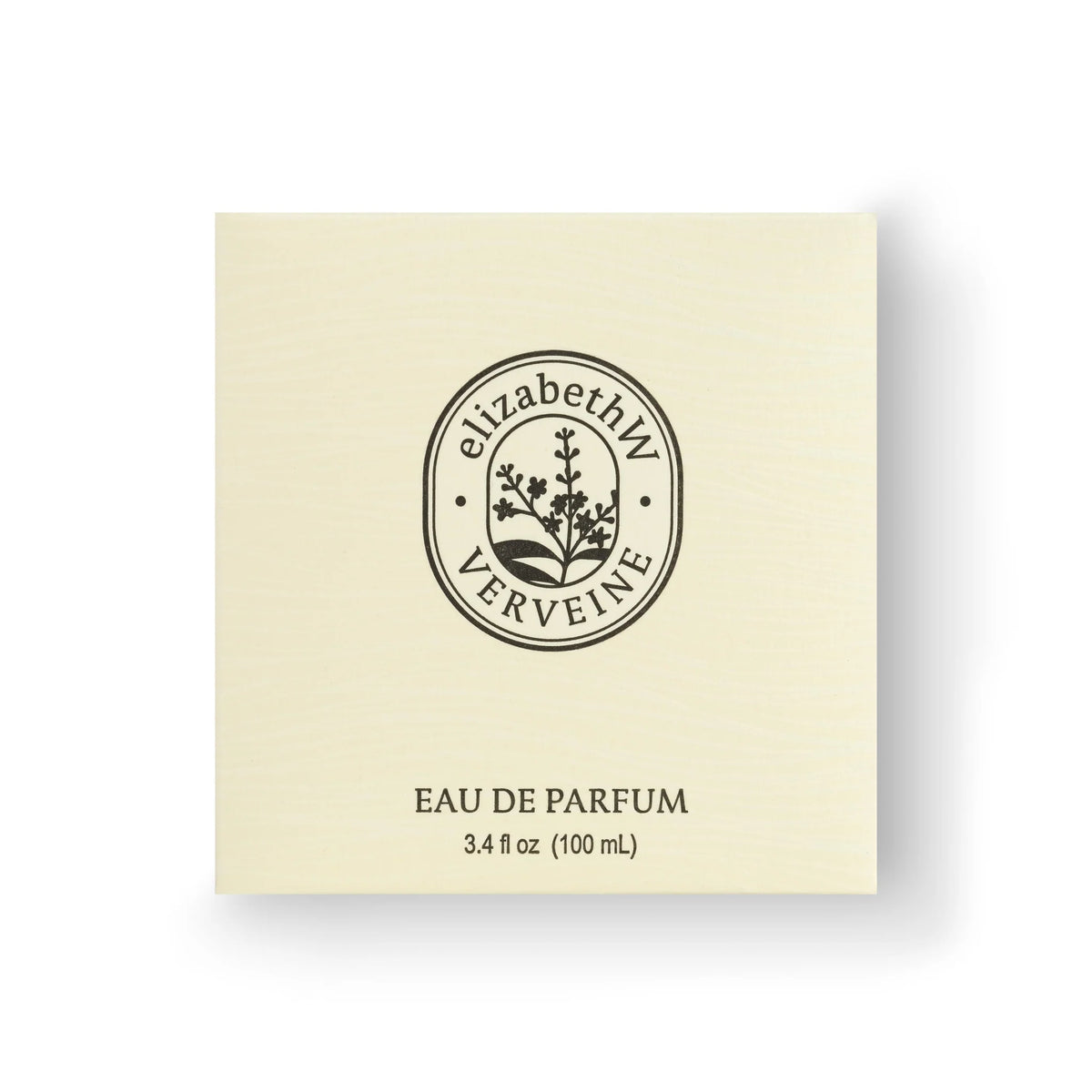 A square beige perfume box with the text "elizabeth W Atelier Verveine Eau de Parfum 3.4 oz (100 ml)" centered, featuring a circular botanical design by elizabeth W.
