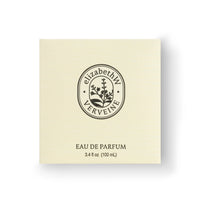 A square beige perfume box with the text "elizabeth W Atelier Verveine Eau de Parfum 3.4 oz (100 ml)" centered, featuring a circular botanical design by elizabeth W.