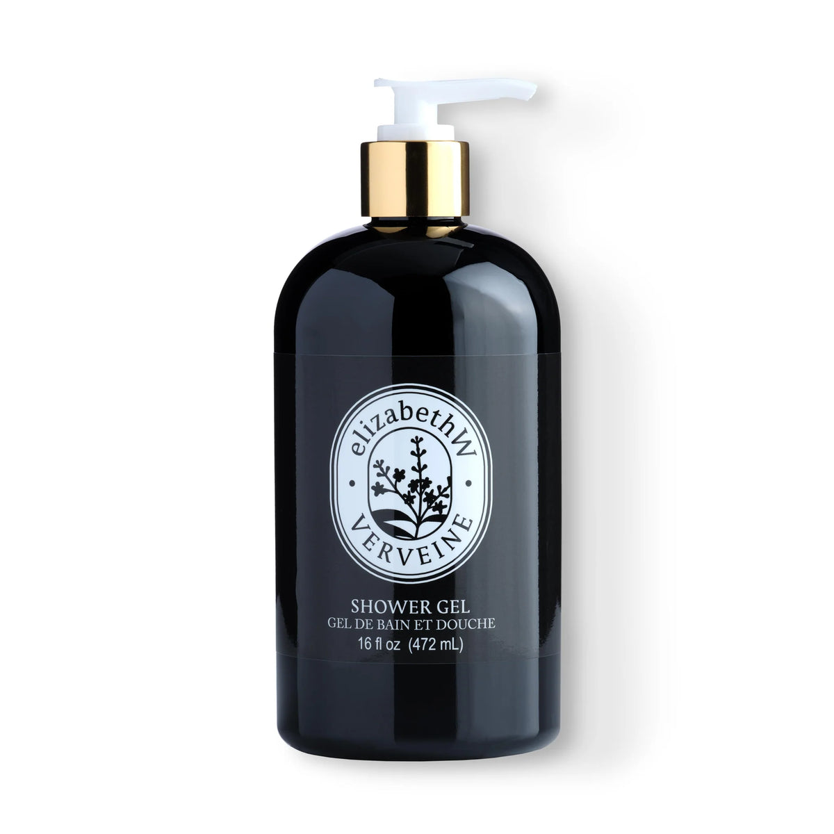 A dark amber bottle of elizabeth W Atelier Verveine Bath & Shower Gel - 16 oz with a white pump, displayed against a white background. The label features elegant black and white typography and a botanical illustration.