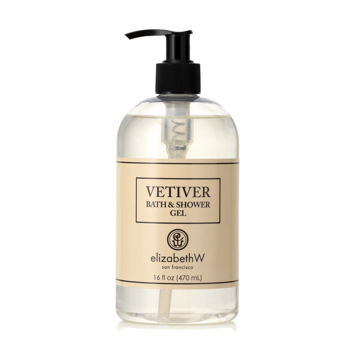 A transparent bottle of Elizabeth W Signature Vetiver Bath & Shower Gel - 16oz with a black pump dispenser, labeled clearly in elegant text, against a white background.