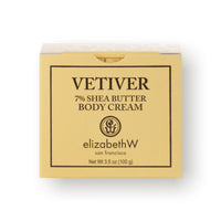 A box of elizabeth W Signature Vetiver Body Cream, containing "Vetiver 7% Shea Butter Body Cream" from San Francisco, in yellow packaging. The net weight is 3.5 oz (100 g).