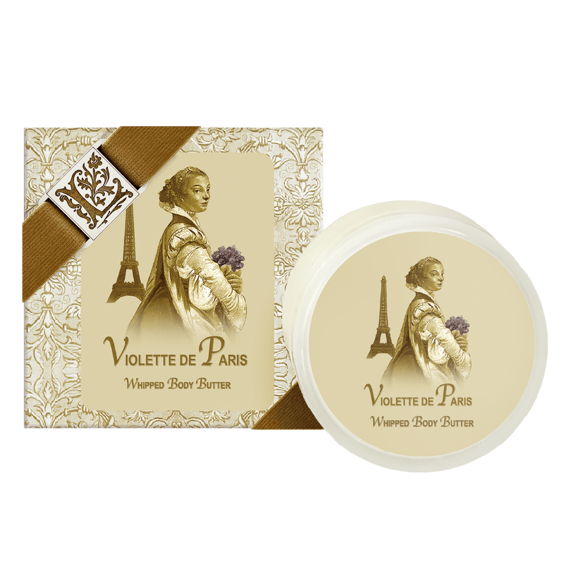 Label and packaging of 'La Bouquetiere Violette de Paris Argan Oil whipped body butter' featuring an illustration of a woman holding flowers with the Eiffel Tower background, styled in vintage cream and gold tones, infused with