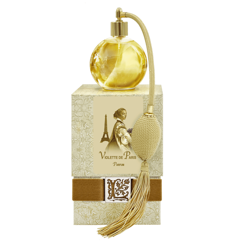 Vintage La Bouquetiere Violette de Paris French Perfume bottle with a spherical, gold-colored glass container and an attached tassel, displayed on a specially designed box with intricate artwork from the renowned La Bouquetiere Perfume House in France.