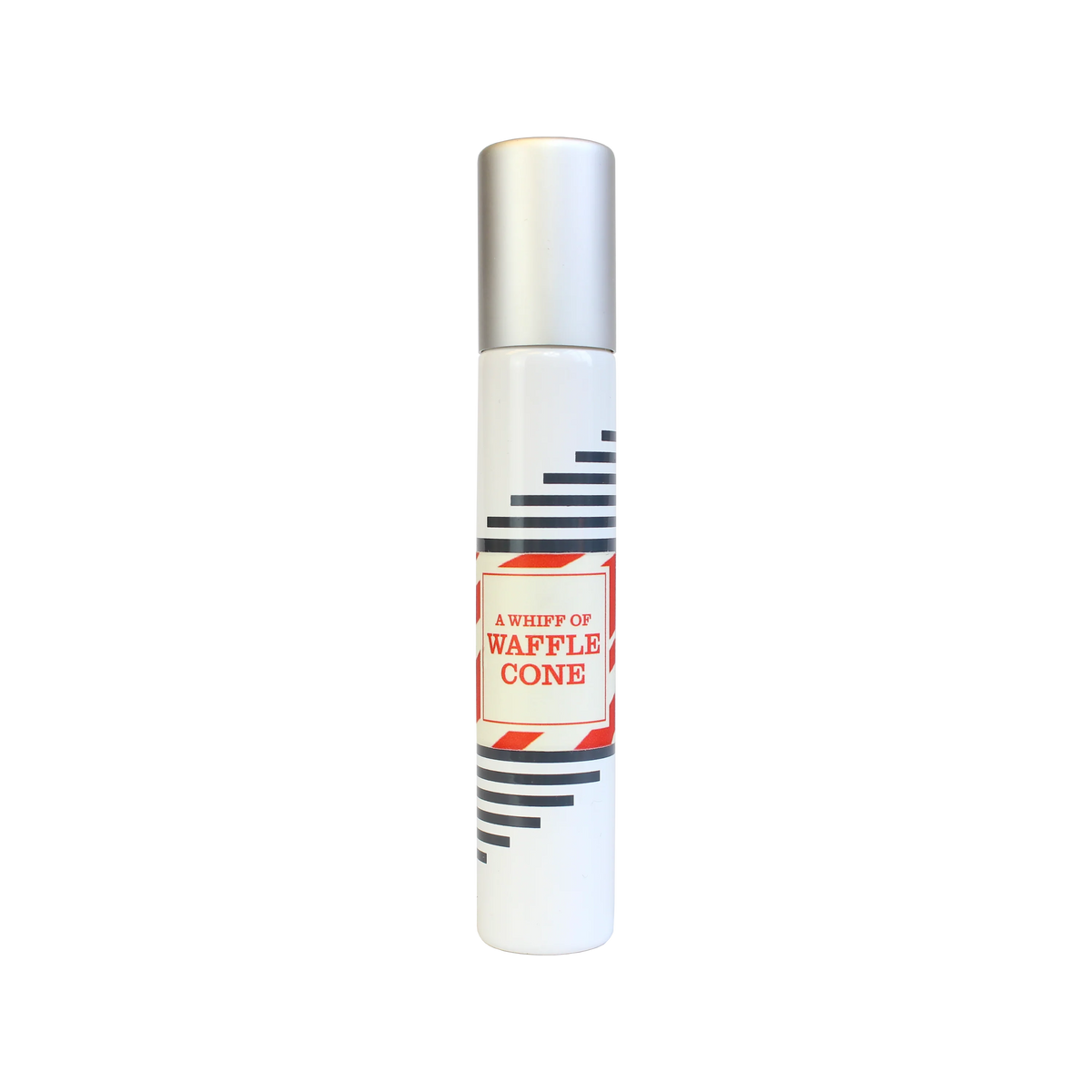 A tall, cylindrical perfume bottle with a white base and a silver cap. It features a red and white label reading "Imaginary Authors A Whiff of Wafflecone - Travel Size" by Imaginary Authors and black diagonal stripes on the sides.