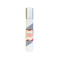 A tall, cylindrical perfume bottle with a white base and a silver cap. It features a red and white label reading "Imaginary Authors A Whiff of Wafflecone - Travel Size" by Imaginary Authors and black diagonal stripes on the sides.