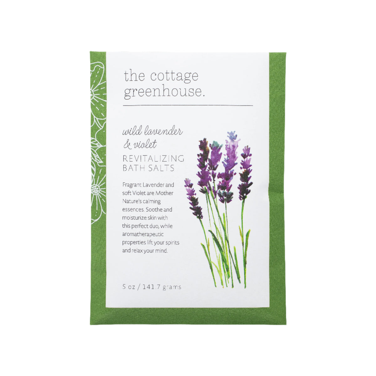 A green packet of Margot Elena's "The Cottage Greenhouse Wild Lavender & Violet Bath Salts" displays a wild lavender and violet design. Text states "Revitalizing Bath Salts," weighing 5 oz / 141.7 grams, with a lovely lavender illustration showcasing exquisite botanical blends.