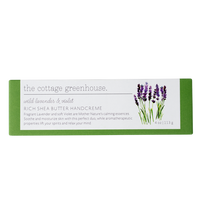 A green box by Margot Elena shows images of lavender, highlighting "The Cottage Greenhouse Wild Lavender & Violet Handcreme." This 4 oz (113 g) formula is enriched with shea butter, violet essences, and avocado oil for soft hands.