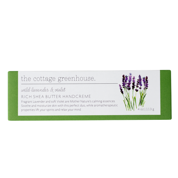 A green box by Margot Elena shows images of lavender, highlighting "The Cottage Greenhouse Wild Lavender & Violet Handcreme." This 4 oz (113 g) formula is enriched with shea butter, violet essences, and avocado oil for soft hands.