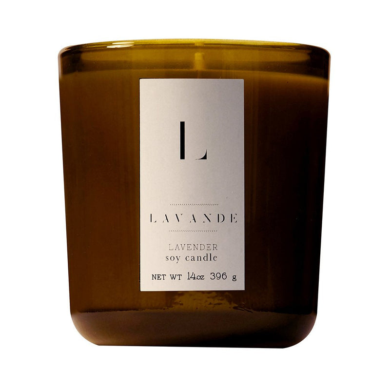 A large amber glass jar with a white label that reads "Lavande - Lavender Soy Candle" by Lavande, indicating a 14oz (396 g) net weight.