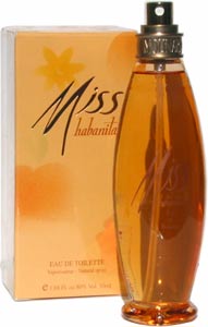A bottle of Molinard Miss Habanita eau de toilette next to its box, which features a signature and star designs, against a white background.