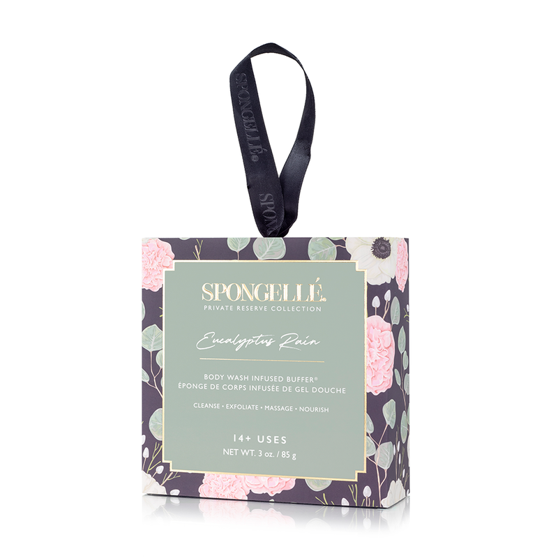 A Spongellé Eucalyptus Rain Boxed Flower product named "Sugared Rain," featuring unique patented technology, packaged in a decorative floral box with a black ribbon handle.