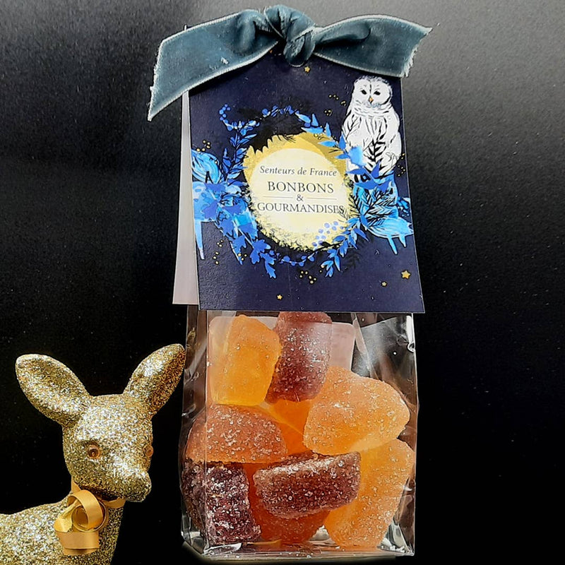 A clear packet of colorful Senteurs de France Holiday Fruit Pastes Candies labelled "senteurs de france bonbons gourmandisis" with a blue-themed tag featuring an owl, suspended by a blue velvet ribbon, next to.