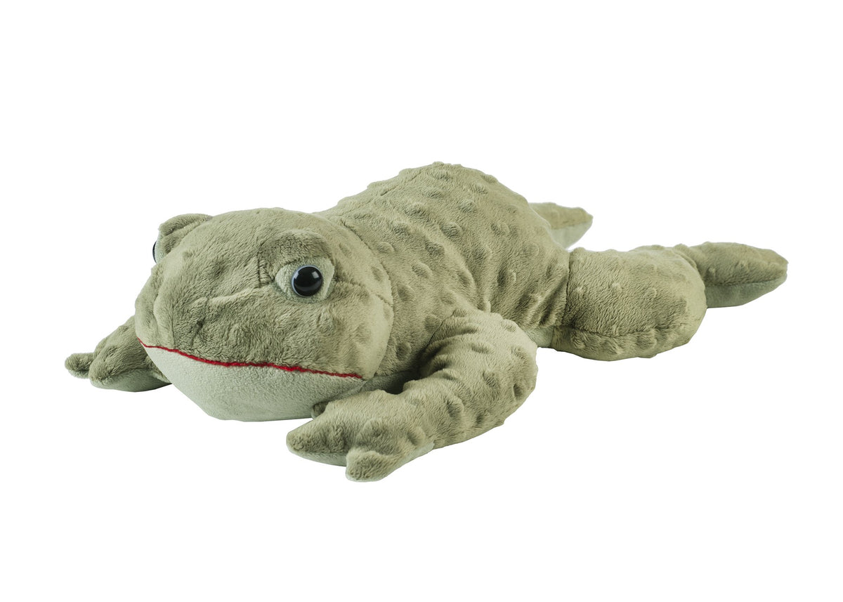 Plush toy of a Sonoma Lavender Sonoma Eucalyptus Freddy the Tree Frog with a slightly smiling face and detailed texturing, lying on a white background.