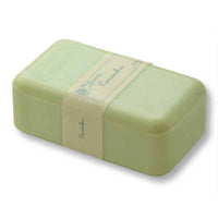 A light green, rectangular La Lavande Joie de Vivre Cucumber Hand, Face and Body Soap 150g with a white paper wrapper labeled "Cucumber French Soap" in elegant cursive script, isolated on a white background.