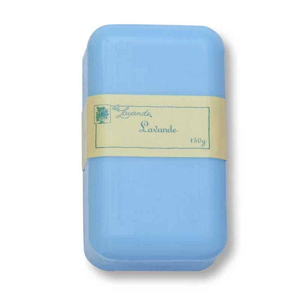 A light blue bar of La Lavande triple milled Joie de Vivre lavender soap with a yellow label reading "lavande" and a drawing of a lavender plant, all centered on a plain white background.
