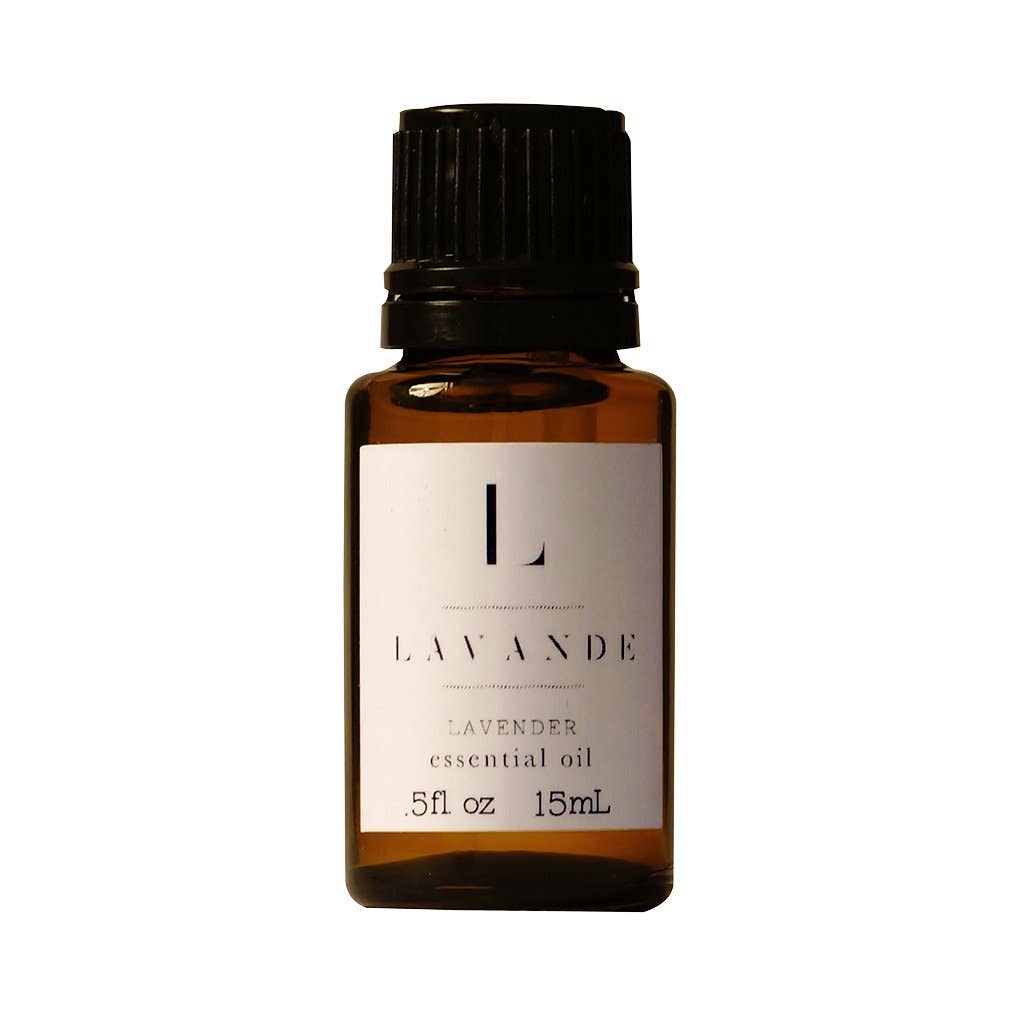 A small glass bottle of Lavande lavender essential oil, a natural antiseptic, labeled "Lavande" with a capacity mark of 0.51 oz or 15 ml, isolated on a white background.