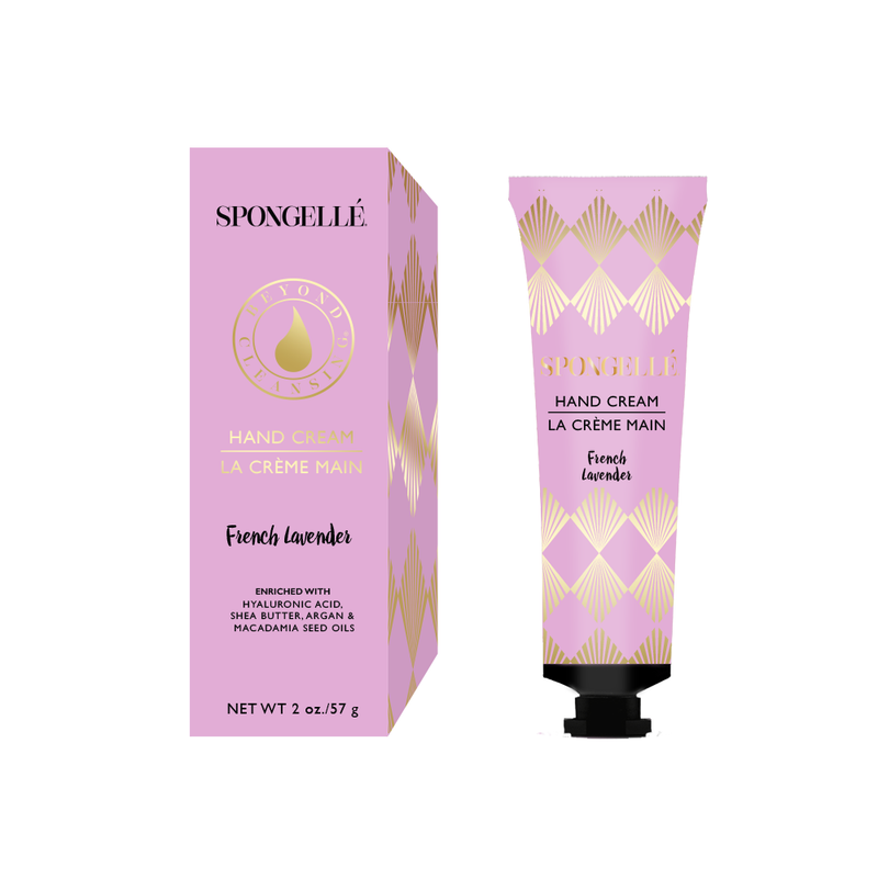 Image of two Spongellé French Lavender Hand Cream products, featuring shea butter. On the left is a pink box with gold triangular patterns, and on the right is a...