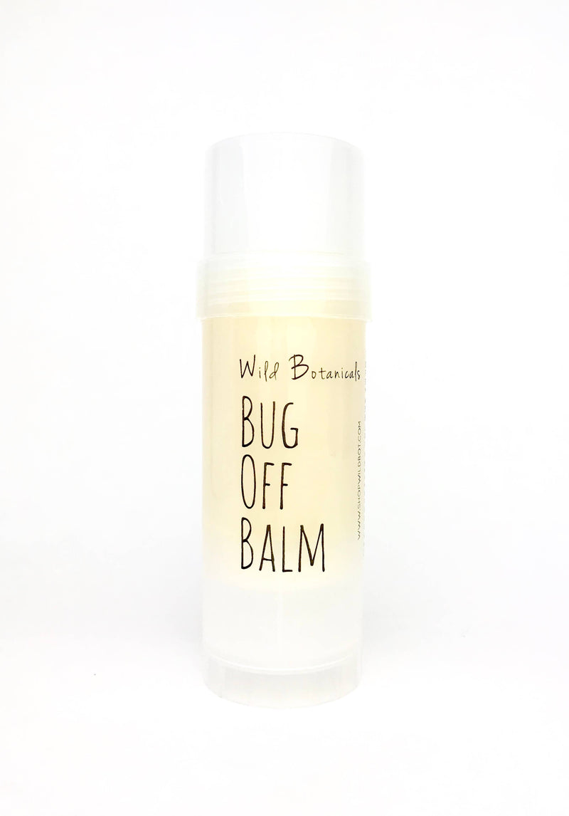 A transparent container of "Wild Botanicals - 2oz Bug Off Balm" against a plain white background. The balm appears as a yellowish substance in a twist-up tube.