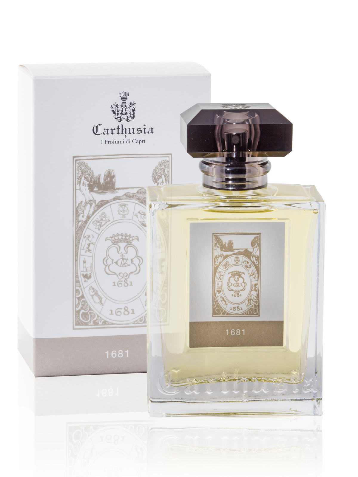 A bottle of Carthusia I Profumi de Capri 1681 Eau de Parfum - 100ml with a transparent glass design and a dark brown cap, next to its white packaging featuring an elegant logo. The perfume appears yellow in color.