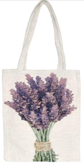 Woven European Tote Bag - Lavender Bouquet featuring a printed design of a tied bouquet of purple lavender flowers on a light beige background, made in Portugal by Mierco.