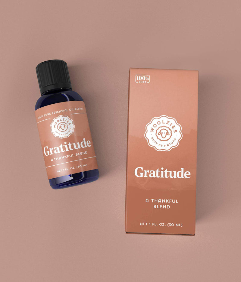 Sentence with product name and brand name inserted:
Bottle of Woolzies Gratitude Essential Oil Blend 1oz. by Woolzies next to its packaging box on a pale pink background. The box and bottle both display the product name and claim to be 100% pure.
