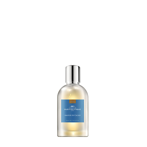 Clear glass bottle of Comptoir Sud Pacifique Paris Amour de Cacao EDT - 1 fl oz with hints of cocoa bean, against a white background.