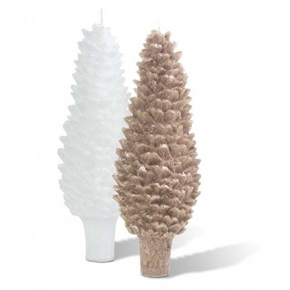 Two Bougies la Francaise Scented Pine Cone Tapered Candles, one white pine cone-shaped and one beige pine cone-shaped, standing upright on a white background.
