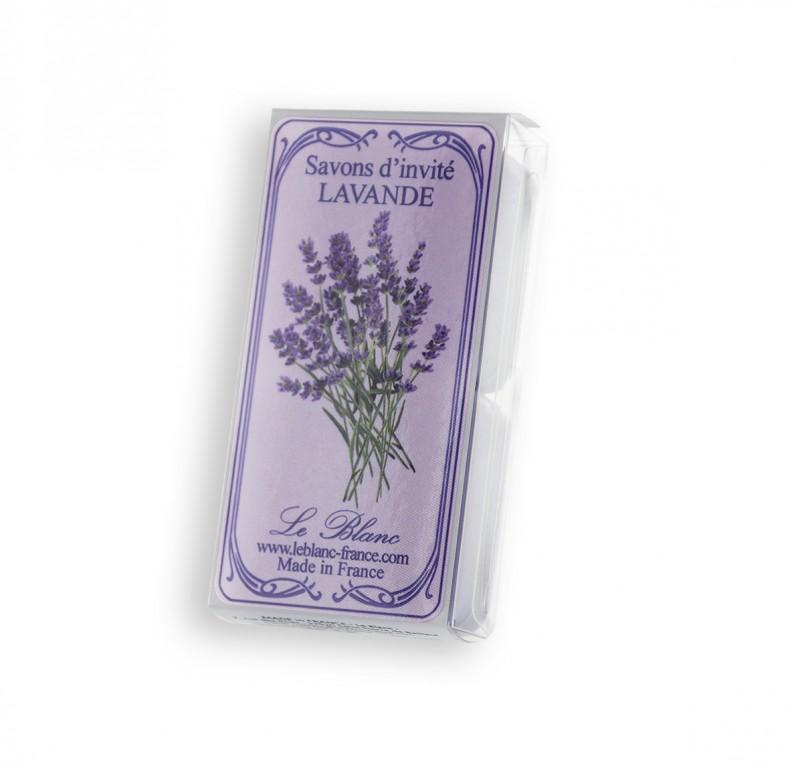 A pack of Le Blanc Lavender Guest Soaps with an illustrated label showing lavender plants on a purple background, labeled with "Provence soap, Le Blanc Made in France.