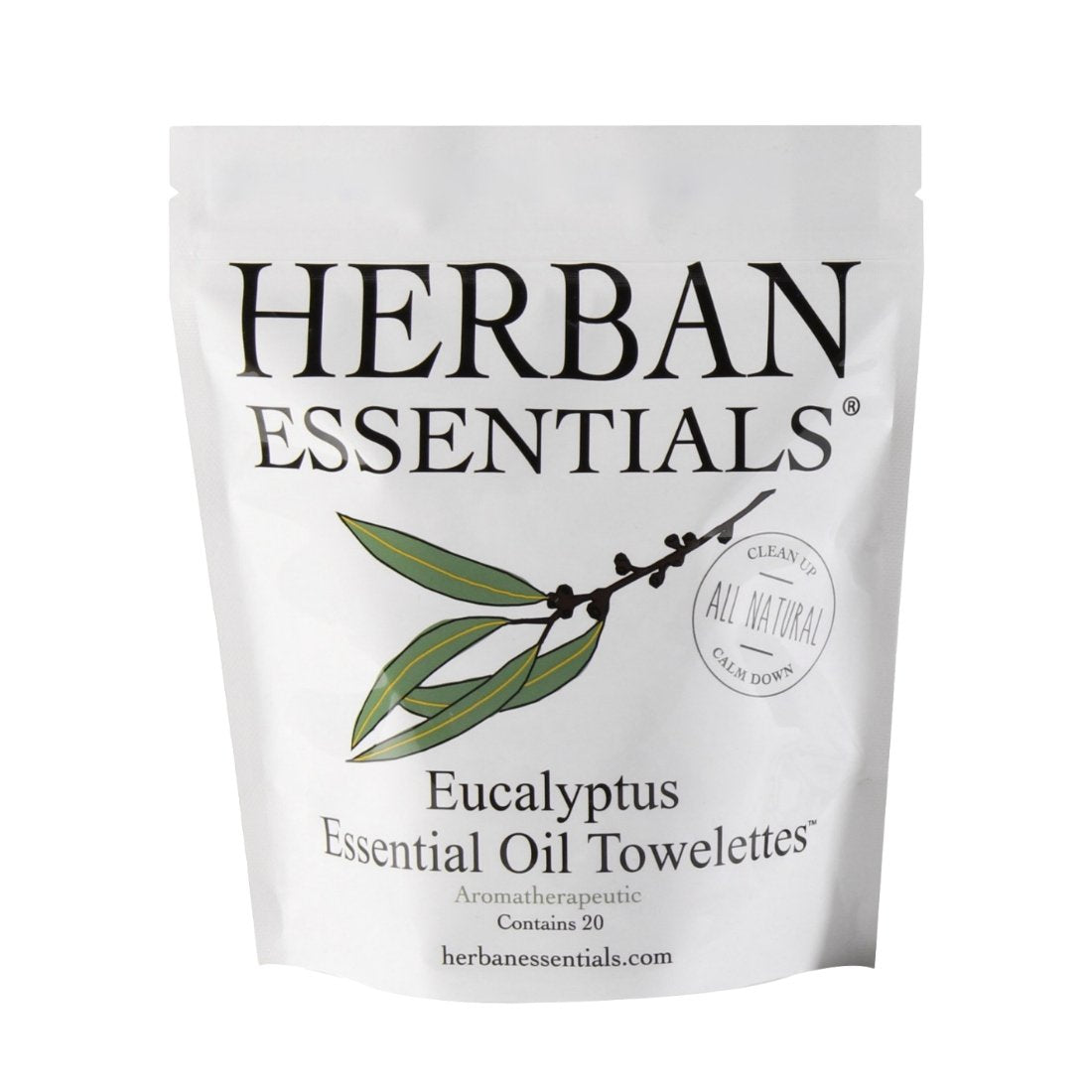 A white pouch labeled "Herban Essentials Essential Oil Towelettes - Eucalyptus" with a graphic of a eucalyptus branch, featuring text indicating all-natural ingredients and containing.