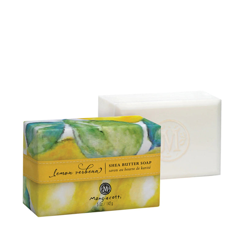 A colorful triple-milled body bar of Mangiacotti Lemon Verbena Shea Butter Soap with vibrant green and yellow swirls, wrapped in a decorative label, beside a plain white box with a logo embossed.