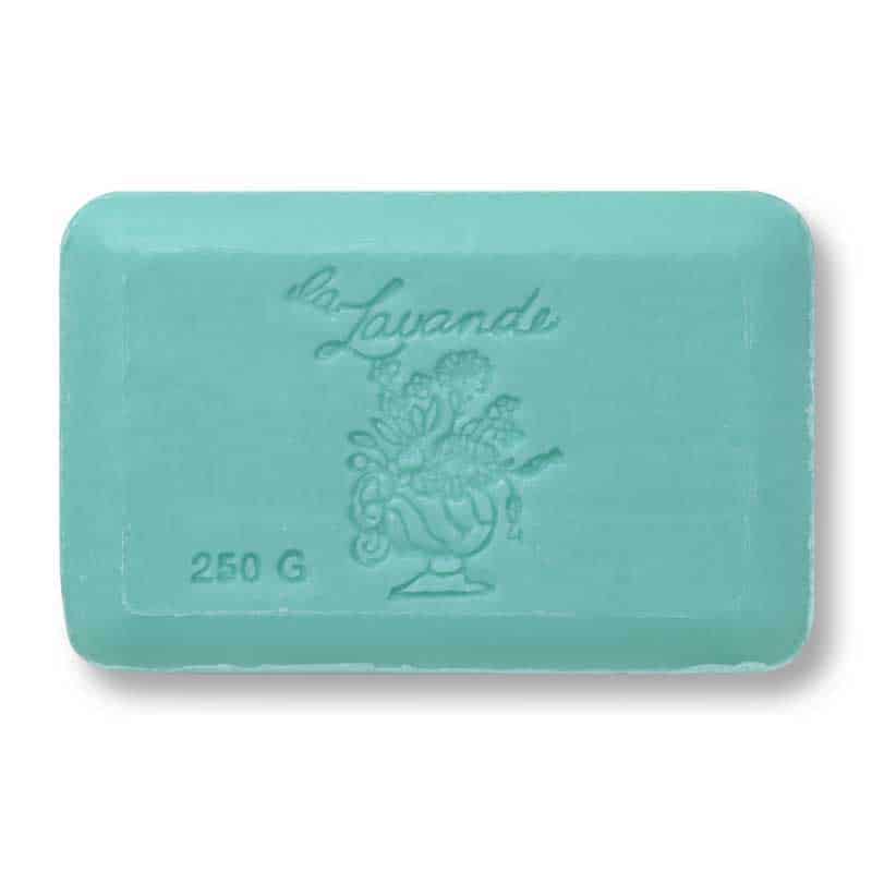 A single light blue bar of La Lavande Ocean Soap 250gm with an embossed floral design and the text "la lavande" indicating that it is lavender-scented, weighing 250 grams. The background is
