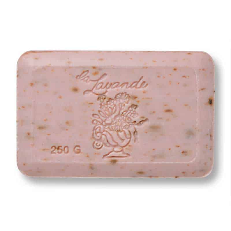 A rectangular bar of triple milled La Lavande Rose Petal French Bath Soap with specks and embossed with a floral design and the text "la lavande" above an image of a lion and flowers, weighing 250 grams.