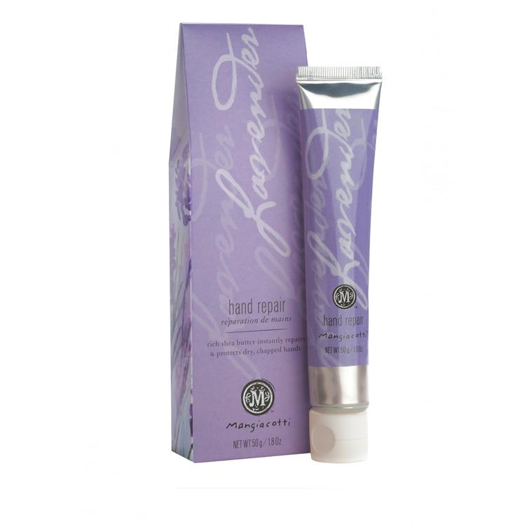 A tube of Mangiacotti Lavender Hand Repair cream next to its packaging box, both items are purple with elegant white lettering that includes the product name.
