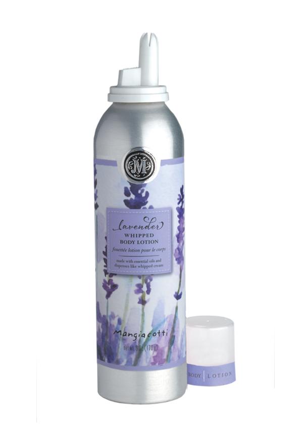 A silver bottle of Mangiacotti Lavender Whipped Body Lotion with a dispensing nozzle, accompanied by a smaller white jar of the same lotion, set against a white background.