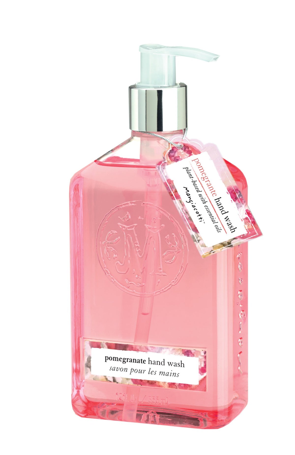 A bottle of Mangiacotti Pomegranate Hand Wash with essential oils and a pump dispenser, featuring elegant embossed branding and a label describing the product in English and French.