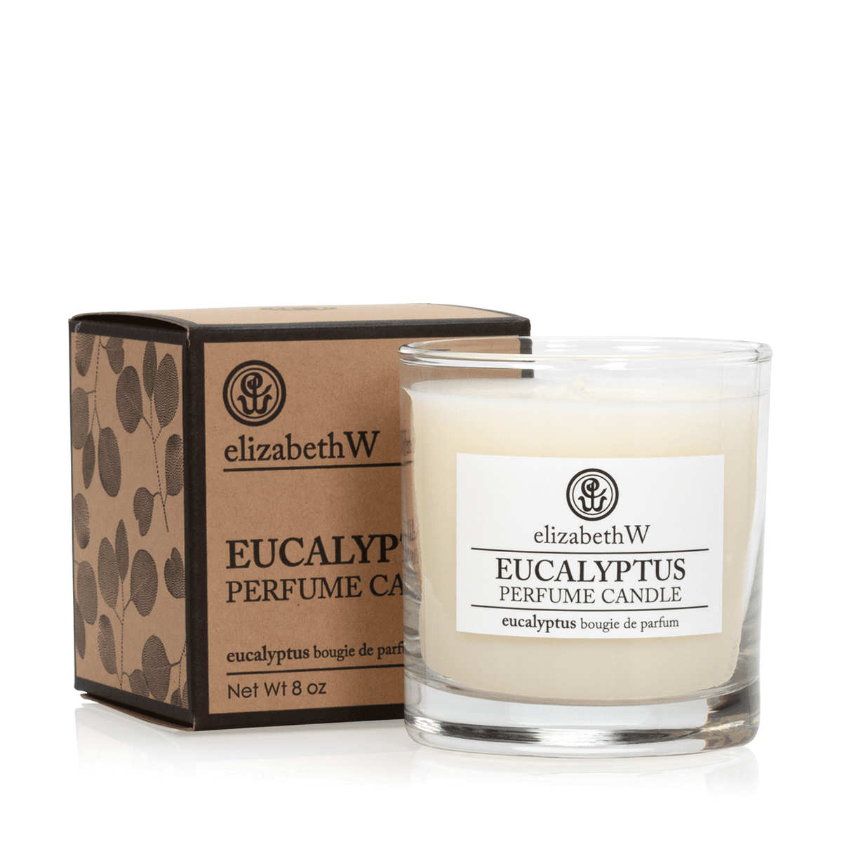 A hand-poured glass candle labeled "elizabeth W Purely Essential Eucalyptus Candle" next to its brown packaging box with similar branding, isolated on a white background.