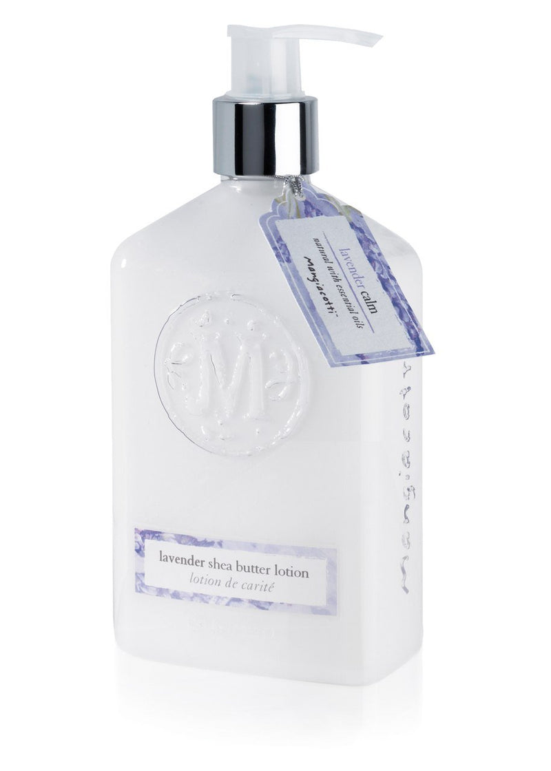A bottle of Mangiacotti Lavender Shea Butter Lotion enriched with essential oils, featuring a pump dispenser, isolated on a white background. The bottle includes a label and a hanging tag detailing the product.
