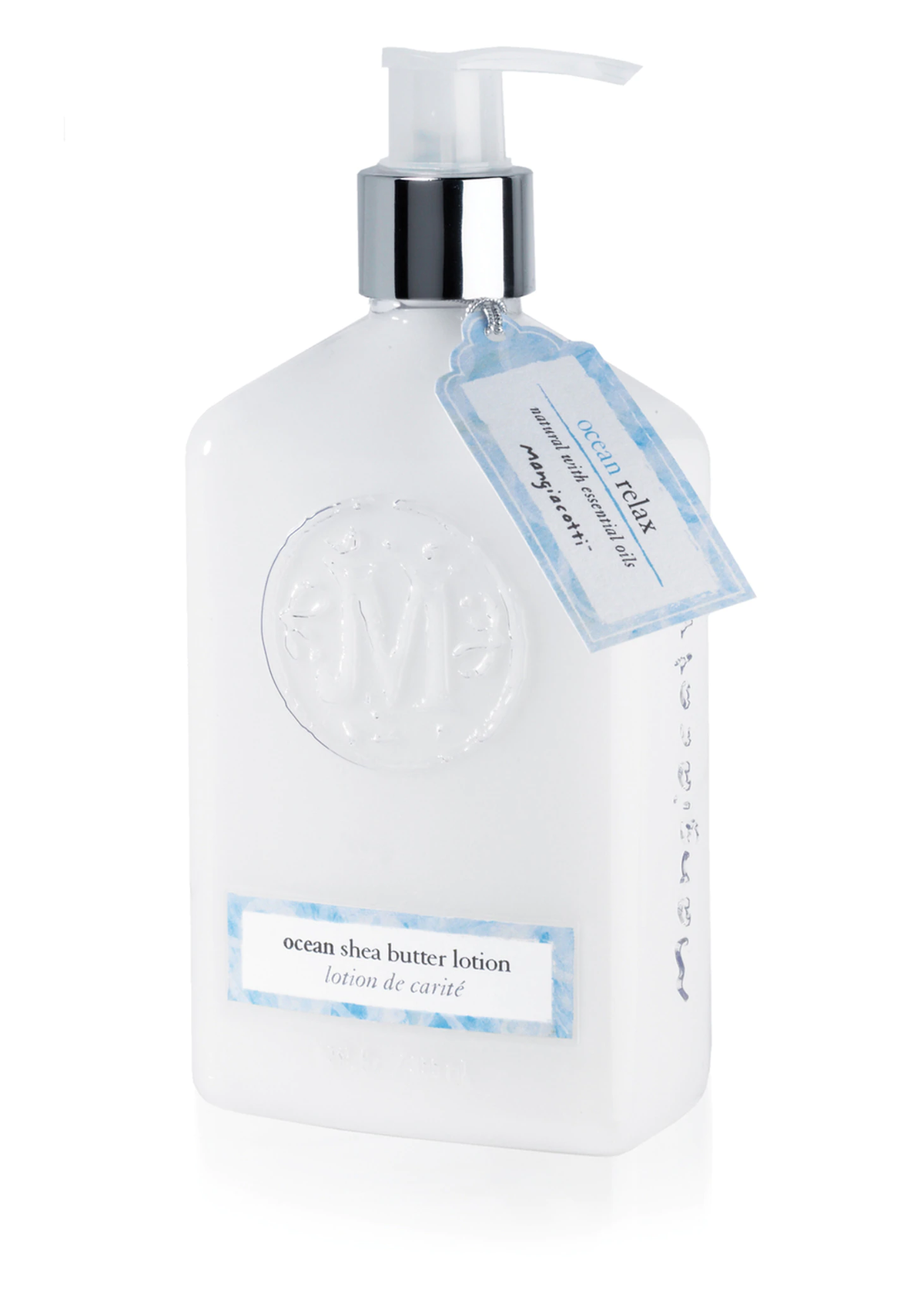Transparent pump bottle of Mangiacotti Ocean Shea Butter Lotion with readable labels, isolated on a white background.