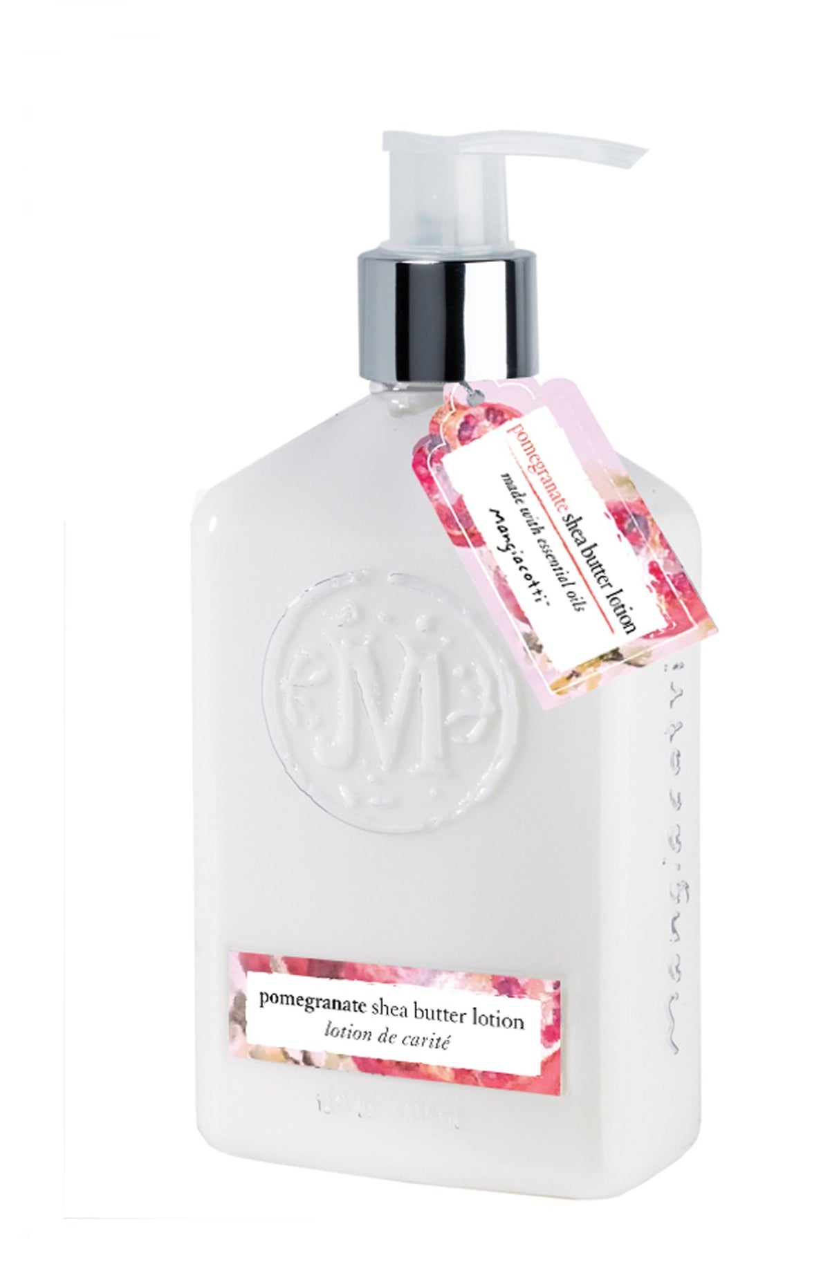 White Mangiacotti lotion bottle with a pump dispenser and an embossed logo, featuring a pink label reading "pomegranate shea butter lotion" in English and French, enriched with essential oils.