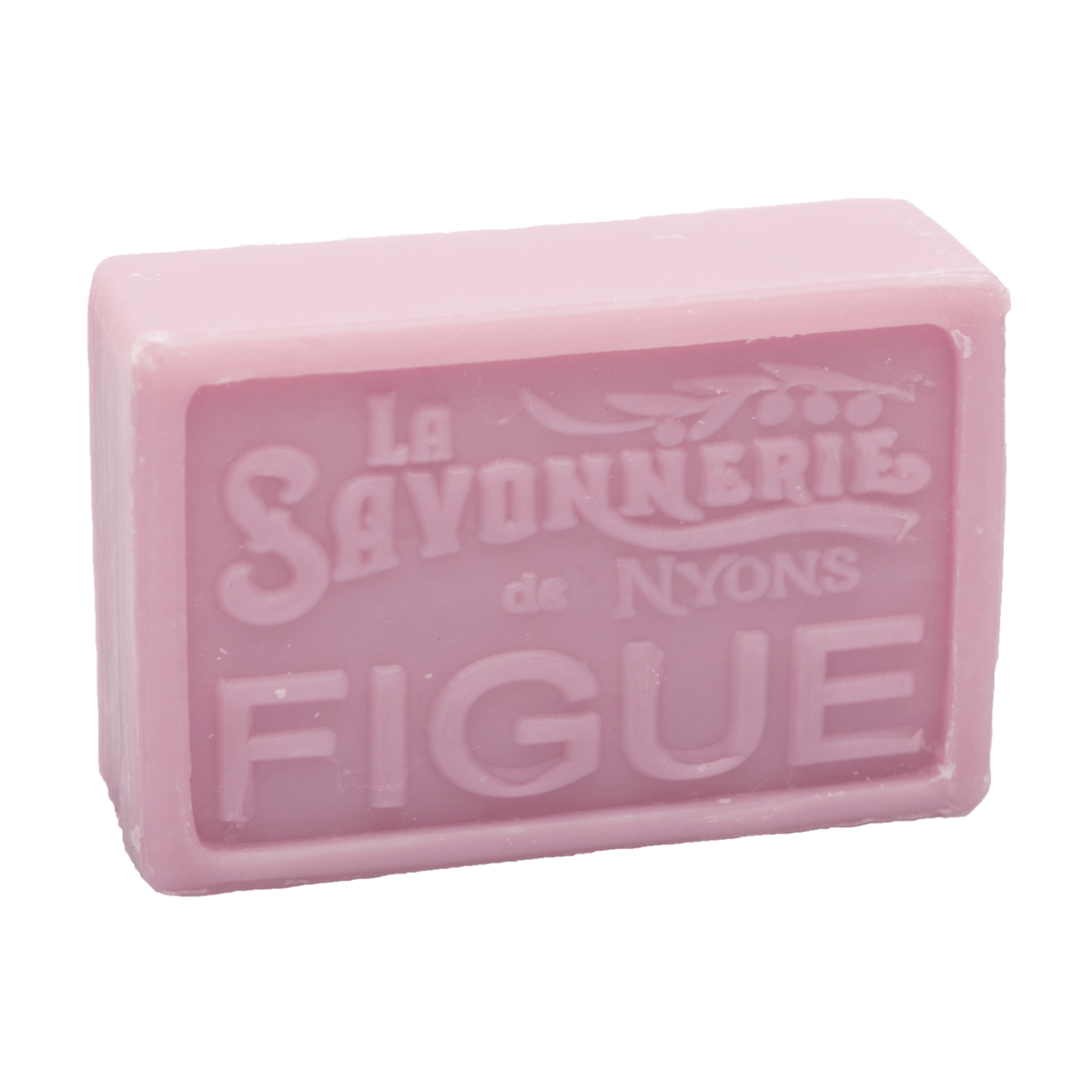 A bar of pale pink La Savonnerie de Nyons Provence Fig Soap 100g with "la savonnerie de nyons figue" embossed on it, against a white background.