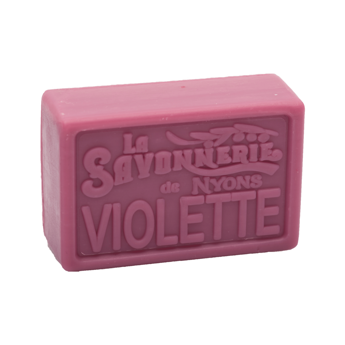 A bar of pink "La Savonnerie de Nyons Provence Violet" scented handmade soap with embossed lettering, isolated on a white background.