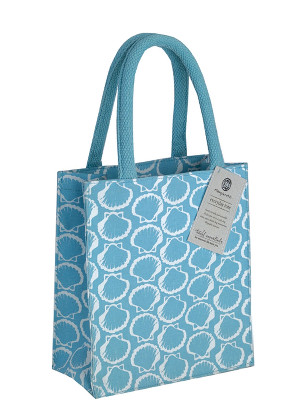A light blue Mangiacotti Ocean Everyday Tote Bag with a pattern of darker blue tulip shapes, featuring sturdy handles and a visible product tag on the front.