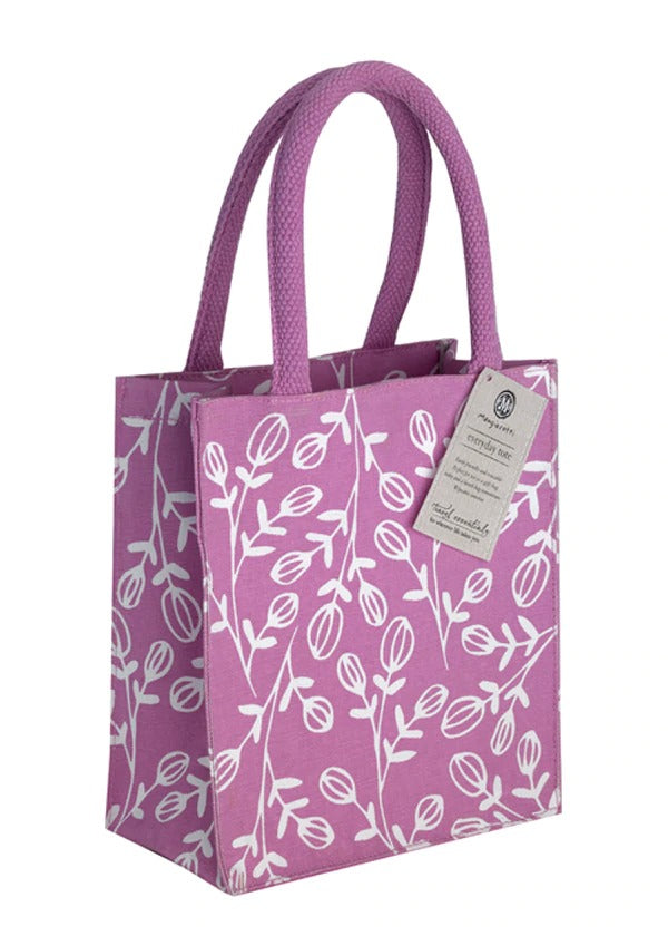A purple Mangiacotti Jasmine Plum Everyday Tote Bag featuring a white leafy branch pattern, with sturdy handles and a visible Mangiacotti tag on the side.
