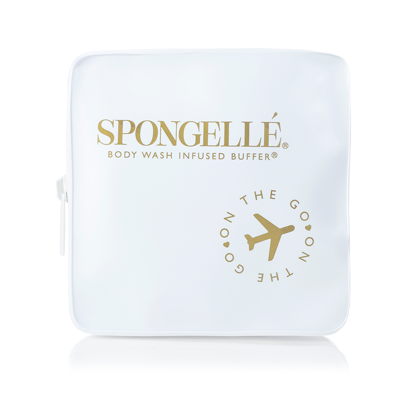 A white, square-shaped Spongellé travel case with gold text, featuring the Spongellé Travel Case - White and the words "on the go" with a gold airplane icon, isolated on a white background.