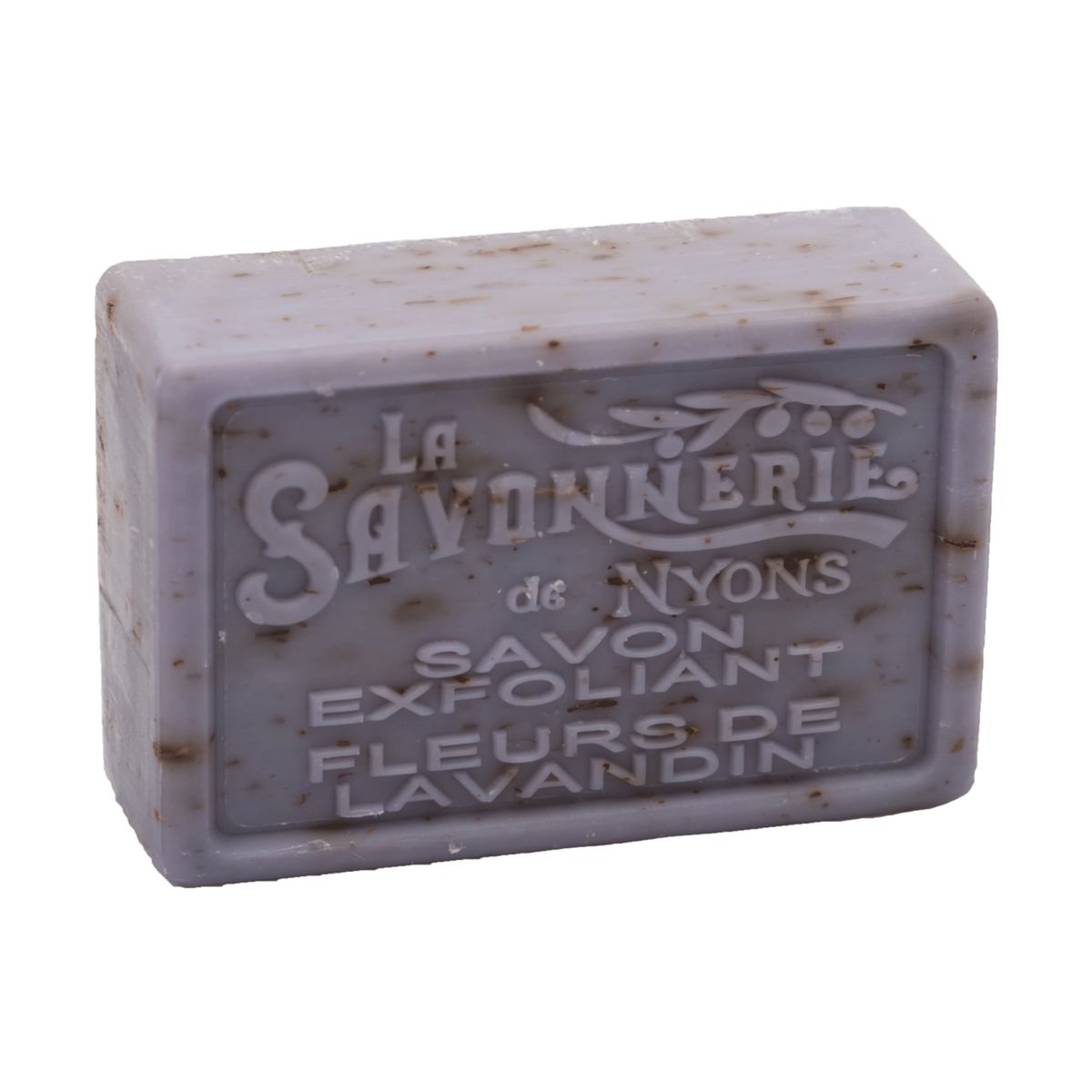 A bar of exfoliating soap with "La Savonnerie de Nyons Provence Lavender Exfoliating Soap 100g" embossed on it, set against a white background. The La Savonnerie de Nyons