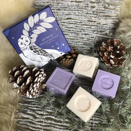 A cozy winter-themed composition featuring the Senteurs De France Coffret Jasmine & Lavender Cube Soaps, including lavender soap and jasmine soap, a decorative blue box with an owl motif, pine cones, and green branches.